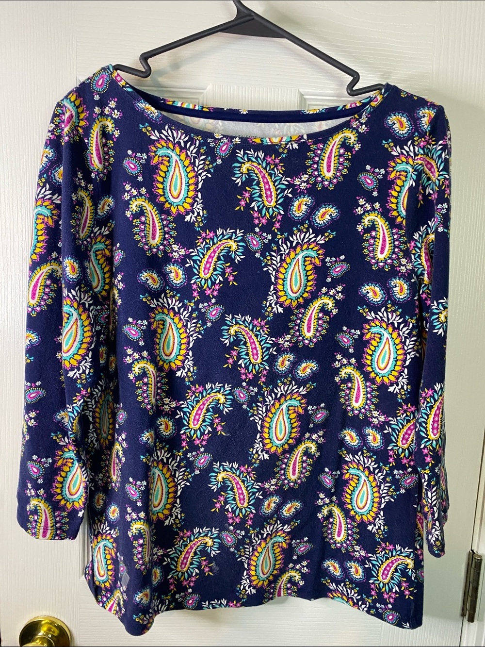 Talbots Navy Paisley Long Sleeve Top with Multicolor Accents Size Large Petite.